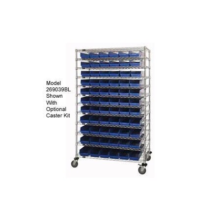 Global Industrial Chrome Wire Shelving with 110 4inH Plastic Shelf Bins Blue, 48x14x74 269031BL